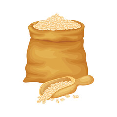 Oatmeal. Oatmeal in a bag. A large bag of oat grains and a wooden scoop. Cereals. Vector illustration isolated on a white background