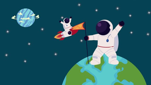 astronauts with flag and rocket animation