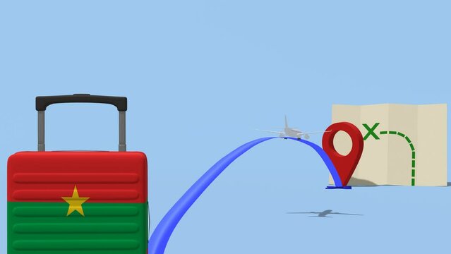 Animation Airline with location marker and suitcase. Travel to  - Burkina Faso