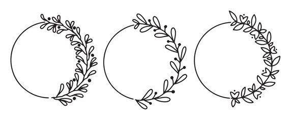 Hand drawn vector round frame. Floral wreath with branches. Decorative elements for design in doodle style