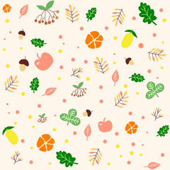 Autumn set of elements leaves and flowers. Fall Festival template. Seamless pattern with autumn leaves, branches and berries.