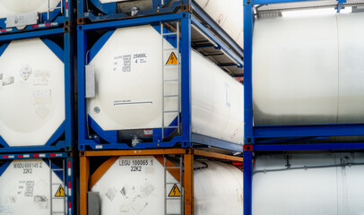 Chemical tank container. ISO tank container for chemical delivery. Bulk liquid transport. Chemical...