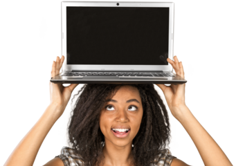 Young Woman Holding a Laptop Above Her Head - Isolated