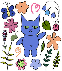 Cute cat with flowers, leaf, doodle stickers, icon collection