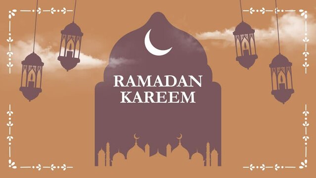 Ramadan Kareem greeting motion design animation. Beautiful 4k Islamic Mosque design with hanging Ramadan candle lantern V5
