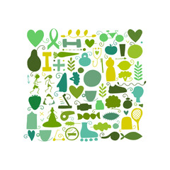 World health day. Green Concept art with healty lifestyle desing elements, icons set. Square background. Vector illustration