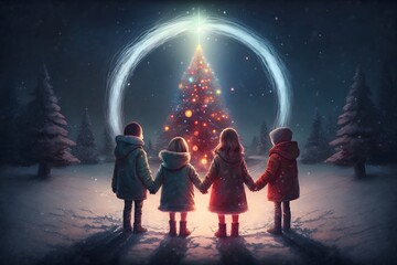 Obraz premium childrens holding hand at christmas created using AI Generative Technology