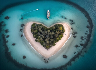 Aerial drone view of heart-shaped center island lit up and white sandy beach ,Generative AI
