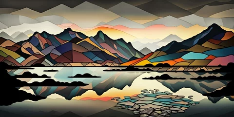 Foto op Plexiglas Lake and mountains landscape illustration. generative ai. © irisphotoimages