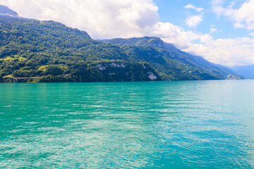View of the Lake Brienz and Swiss Alps in Brienz, Switzerland