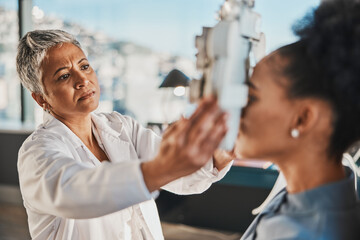 Senior optometrist woman, eye exam patient and medical goal in hospital, consulting room and office...