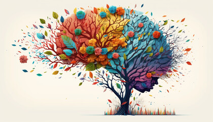 Human brain tree with flowers, self care and mental health concept, positive thinking, creative mind. Generative AI.