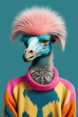 Emu  in Sweater as Fashion Model Bright Colors Generative AI Digital Illustration Part#220223