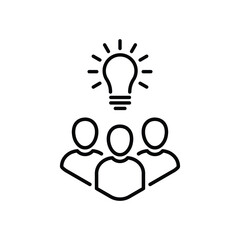 thin line insight icon with group of people and black bulb. outline flat trend modern logo graphic stroke art design isolated on white. concept of scholars or scientists and students or genius