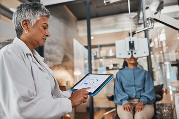 Eye exam, senior doctor tablet and consulting optometrist with woman patient at clinic. Eyes...