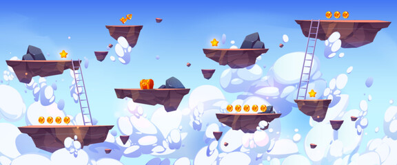 Flying rock islands vector game background sky landscape. 2d ui level map with floating platform, gold goin, ladders on blu sky with white clouds. Cartoon arcade videogame world asset design