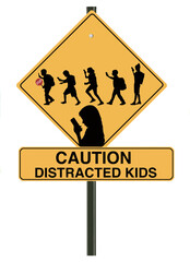 A school crossing sign includes silhouettes of children using cell phones and warns to look out for distracted kids. This is a 3-d  illustration.