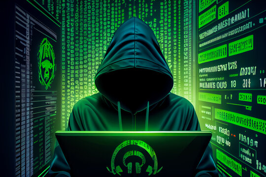 hooded hacker on green code background. Generative AI