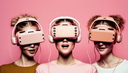 Girls with VR headset exploring the metaverse. Generative AI