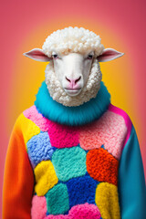 Sheep  in Sweater as Fashion Model Bright Colors Generative AI Digital Illustration Part#220223