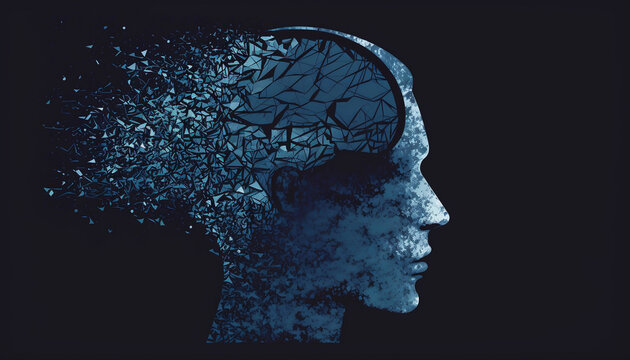 Side profile human head with diagrammatic style and shattered effect. Generative AI