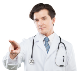 Man doctor in white robe presses with a finger