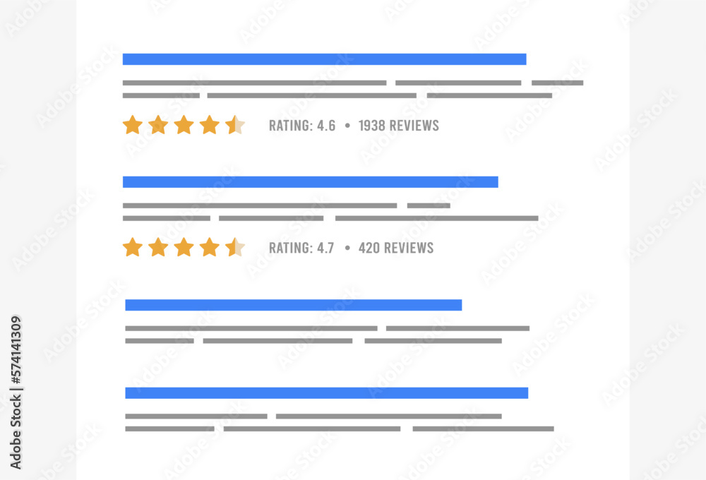 Poster review snippets - colorful yellow star rating feature displayed on search engine results page serp, 