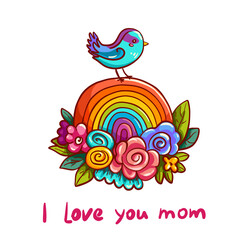 Rainbow, flowers, cute bird, text 