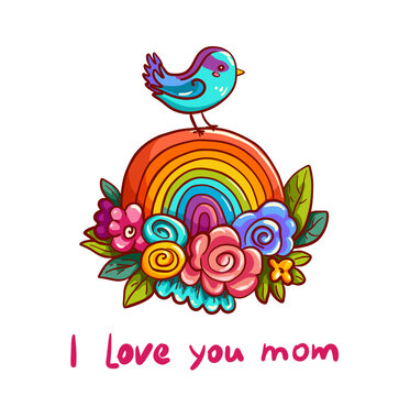 Rainbow, flowers, cute bird, text "I love you mom". Cartoon vector illustration for Mothers day card, design in kawaii, retro style