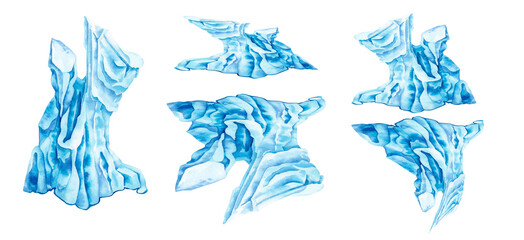 Watercolor magic iceberg in the blue sea against the blue sky with its underwater part. Elements isolated on white background


