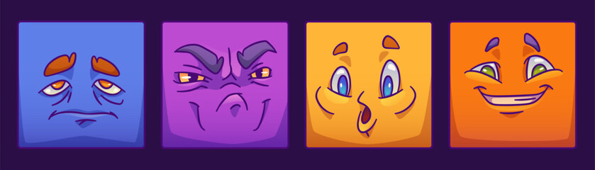 Set of square monster face for player avatar in game. Cartoon emotion expression on stickers in vector. Funny alien character clipart collection with happy, angry and upset or sad mood, eyes and brows