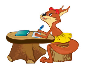 The squirrel sits at a school desk