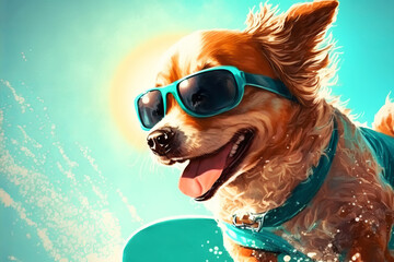 Funny dog in sunglasses rides a surfboard on the ocean waves. Summer vacation concept. Generative AI illustration