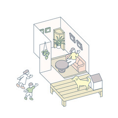 テラスのある家。ペットと楽しく過ごす家族