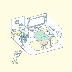 家の中の寝室。くつろぐための空間と友人との電話