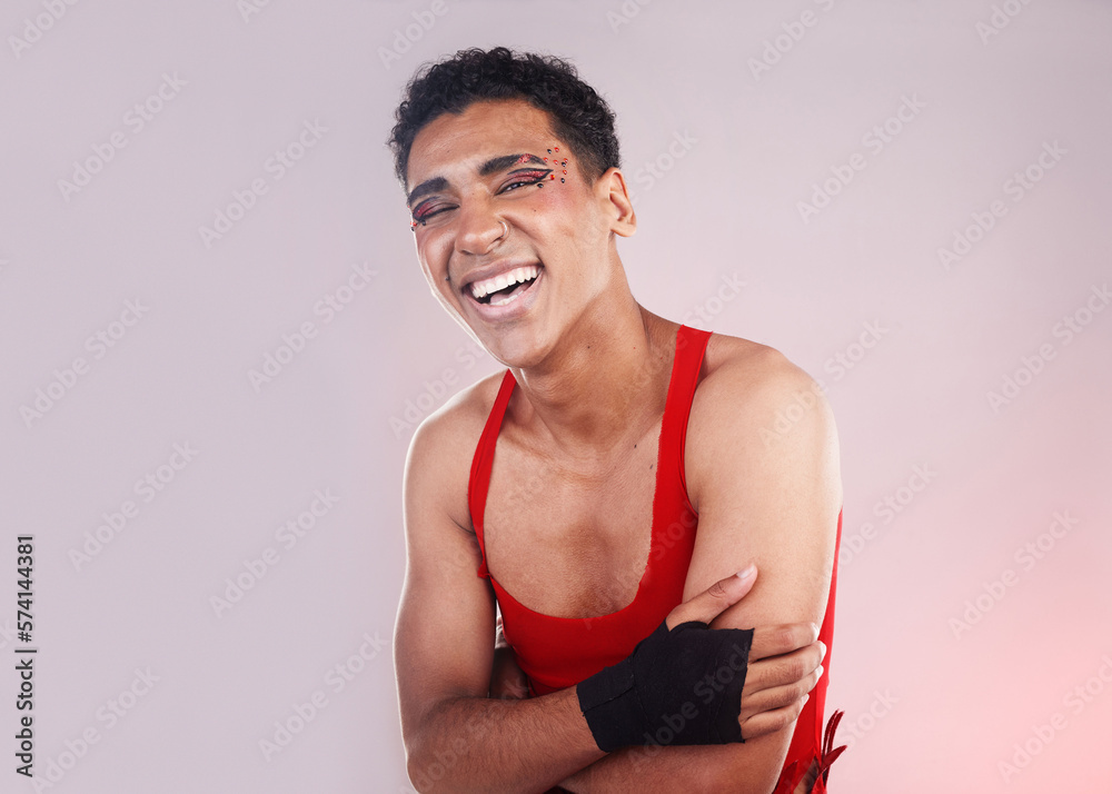 Wall mural Creative, punk and portrait of man in studio, happy and laughing against a gradient background. Face, smile and gen z humor, fashion and aesthetic by make model with creative, art or retro expression