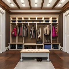 A mudroom with storage for coats, shoes, and umbrellas 1_SwinIRGenerative AI