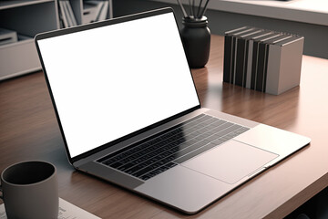 Fototapeta na wymiar Computer mockup white background on table. Laptop with blank screen. Generative Ai