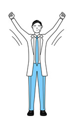 ラジオ体操をする聴診器をかけた白衣の男性医師、シニア・中高年のベテラン医師