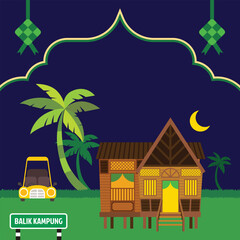 Traditional malay village house with coconut tree and islamic decorative elements for Eid mubarak raya ramadan festival greeting