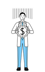 為替差損やドル安のイメージ、聴診器をかけた白衣の男性医師、シニア・中高年のベテラン医師