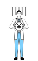 為替差損や円安のイメージ、聴診器をかけた白衣の男性医師、シニア・中高年のベテラン医師