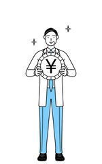 為替差益や円高のイメージ、聴診器をかけた白衣の男性医師、シニア・中高年のベテラン医師