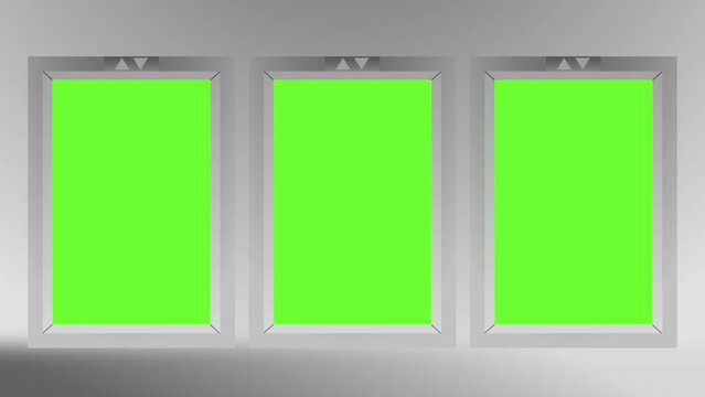 Three elevators lift doors closing and opening by revealing the green screen 4K resolution