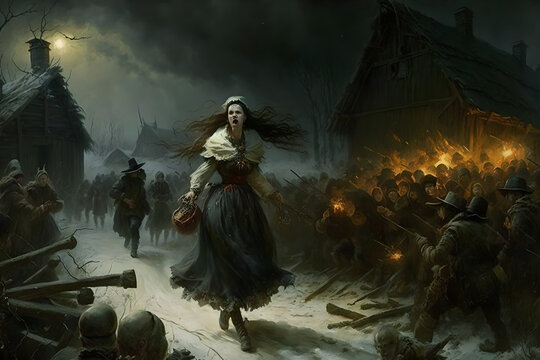 A young lady, considered a witch in medieval times, is standing in front of a burning village, ready to use her powers to defeat the sources of evil and the enemy soldiers who burn and turture people
