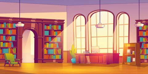 Vector library wooden interior. Cartoon archive warehouse room design with desk and computer. Colorful stack of book and literature inside store organized in rack. Classic librarian storage with lamp.