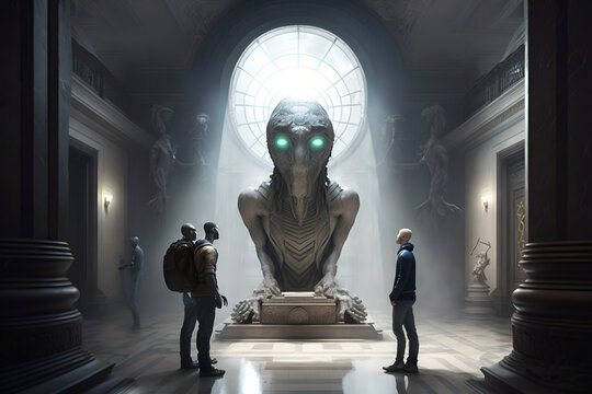 A museum showing a display of ancient aliens that once visited our planet, amazing and futuristic, huge sculptures, men and other aliens come to visit and see