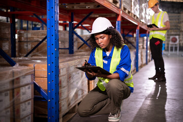 Fototapeta na wymiar Worker industry warehouse in helmets woman order details and checking goods and supplies on shelves with goods background in warehouse is industry logistic and business export concept.