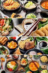 Collage made of assorted Asian dishes and snacks.
