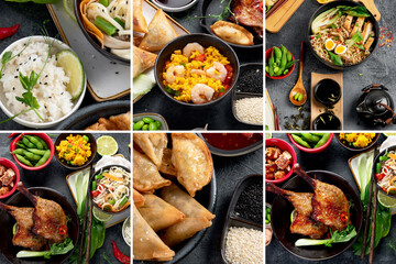 Collage made of assorted Chinese dishes and snacks.